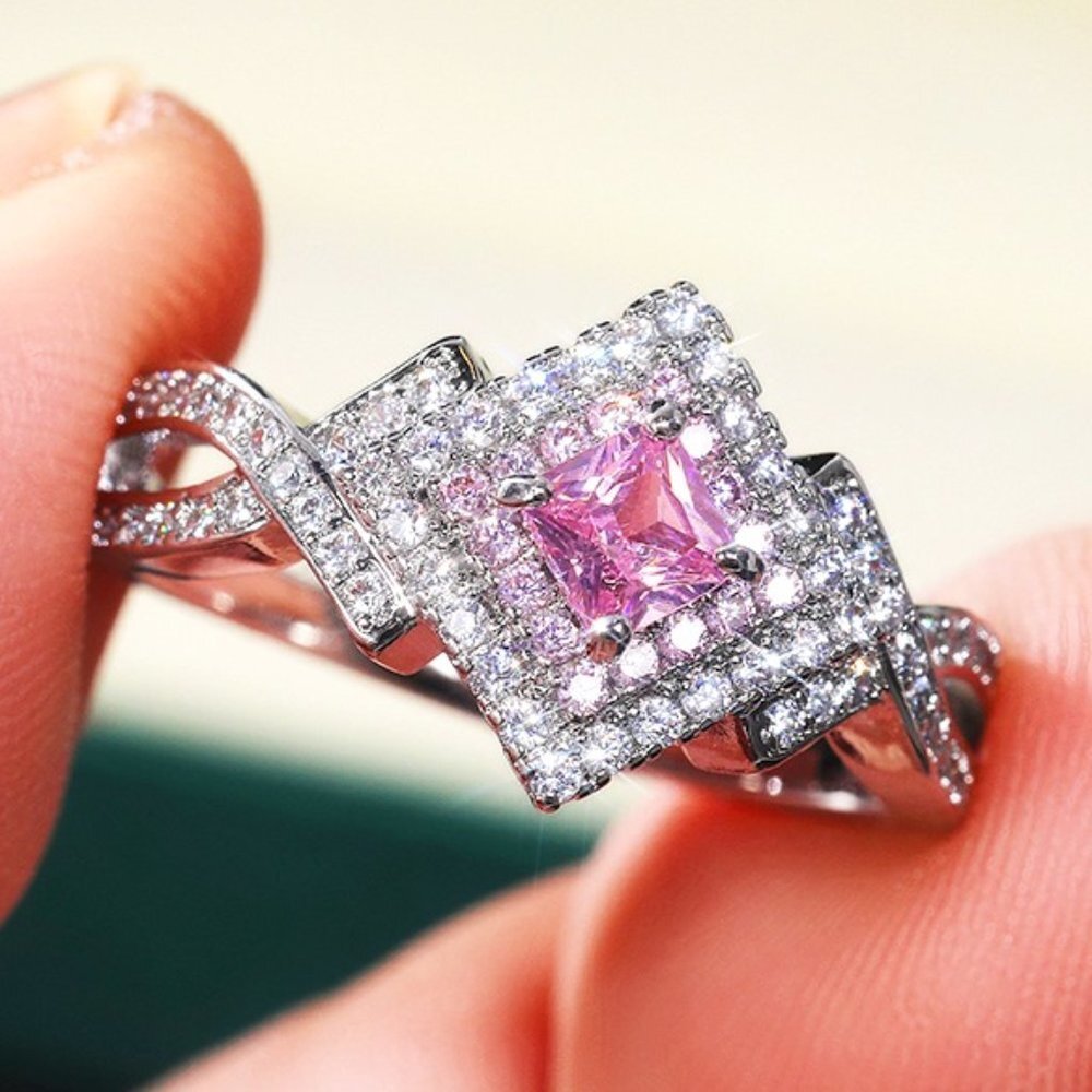 🌸Beautiful Silver Pure Pink Double Layer Weave Princess Cut CZ Ring, K832